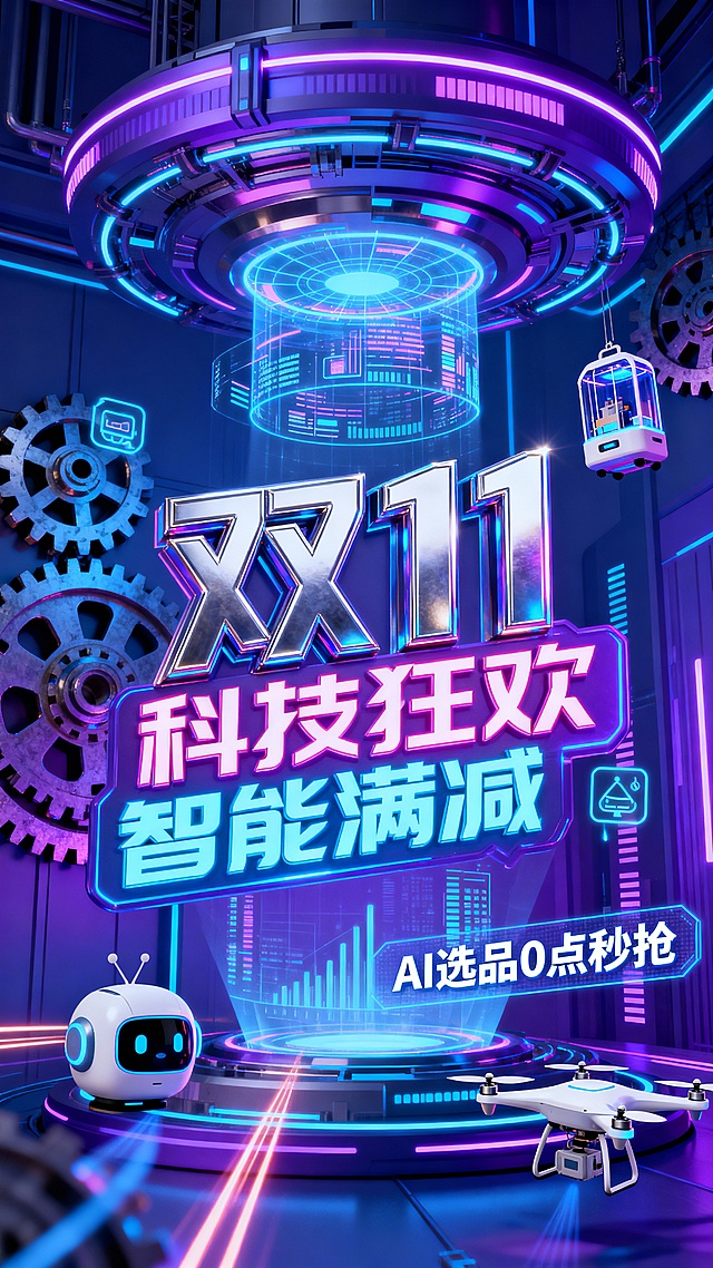 蓝紫色霓虹光效背景，融合全息投影、机械齿轮与数据流元素，中央是带有金属光泽的立体“双 11”字样，搭配荧光色标语“科技狂欢 智能满减”，画面点缀悬浮的智能设备、无人机配送舱等科技符号，右下角标注“AI 选品 0 点秒抢”，整体充满未来感，突出数字化购物的科技魅力与促销力度
