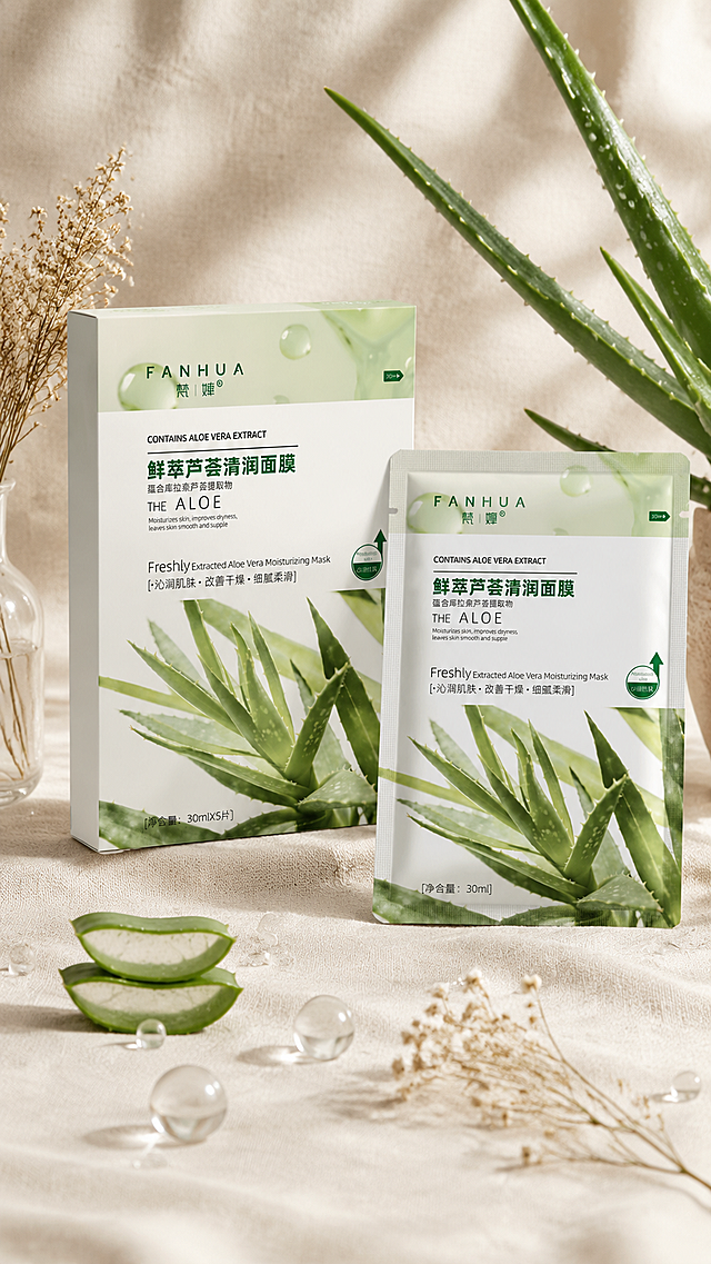 浅米色亚麻质感背景，梵嬅鲜萃芦荟清润面膜盒+面膜片组合摆放，周围点缀新鲜芦荟叶片、透明玻璃珠和小束干花，柔和自然光从侧方打过来，带轻微的光影层次，整体清新治愈，突出产品的水润感，电商产品摄影，高清8K，超写实。