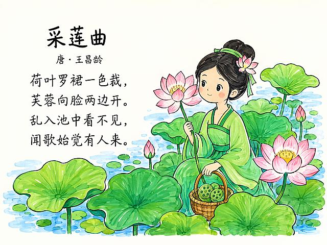 马克笔手绘风格古诗《采莲曲》诗配画，横版A4尺寸297*210，画面描绘夏日荷塘，采莲女穿着和荷叶同色的罗裙，荷花映衬着脸庞，采莲女融入荷塘花丛中，保留完整诗文文字：标题"采莲曲"，作者"唐·王昌龄"，全诗"荷叶罗裙一色裁，芙蓉向脸两边开。乱入池中看不见，闻歌始觉有人来。"，简化细节，轮廓线条清晰干净，马克笔笔触明显，色彩明快清新，适合5-7岁小朋友手绘临摹，四周留足安全边距，版式美观