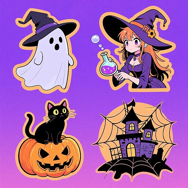 4个万圣节元素，分别是：戴着巫师帽的幽灵、一只黑猫坐在万圣节南瓜灯上、布满蜘蛛网的鬼屋城堡、女巫拿着魔法药水，上下两行整齐排列，紫色背景。