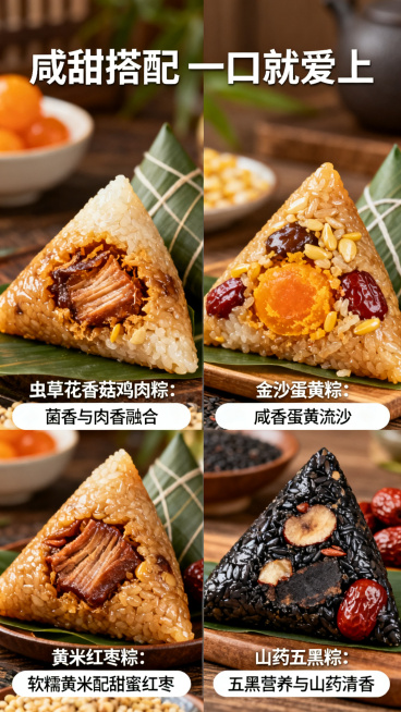 [详情页 4] 口味展示页，咸甜搭配满足不同口味。竖版长图，风格配色延续一致。顶部标题「咸甜搭配 一口就爱上」，左侧展示咸口味粽子（虫草花香菇鸡肉粽、金沙蛋黄粽）切开特写，右侧展示甜口味粽子（黄米红枣预览效果