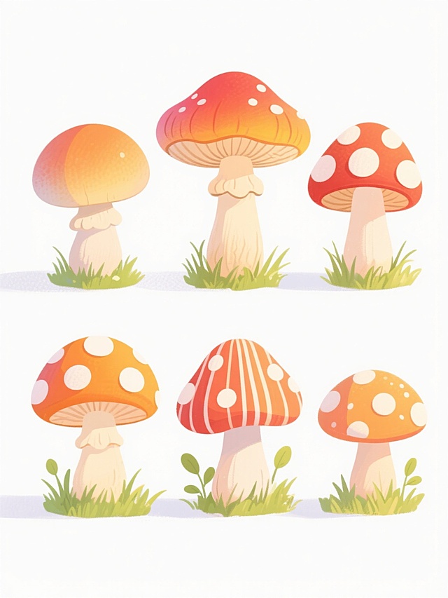 6个不同品种、不同样式、不同外观的蘑菇，采用明亮鲜艳的卡通插画风格，蘑菇表面有细腻的手绘质感和渐变色彩，伞盖形状各异，有的圆润有的带褶皱，菌柄有粗有细，点缀着白色圆点或条纹等独特花纹，底部生长着绿色的草丛和细小的嫩芽，整体排列整齐，置于纯白色背景上，光影柔和，色彩明快和谐，画面简洁干净，充满童趣和自然气息。