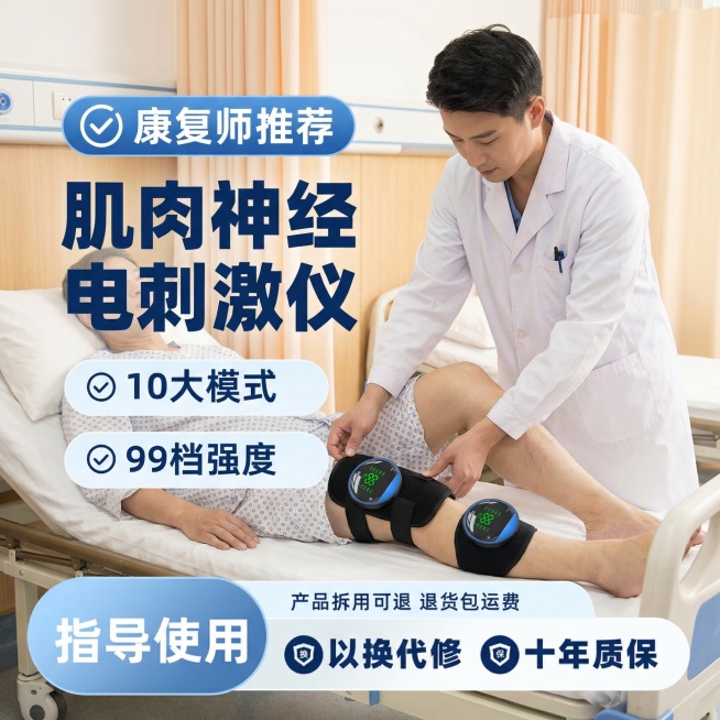 医院康复中心场景，模特躺在床上，医生为其调整腿部佩戴的肌肉神经电刺激仪，突出“康复师推荐”核心信任点，画面中心大字体标注“肌肉神经电刺激仪”，下方列出“10大模式、99档强度”，底部保留“指导使用、以预览效果