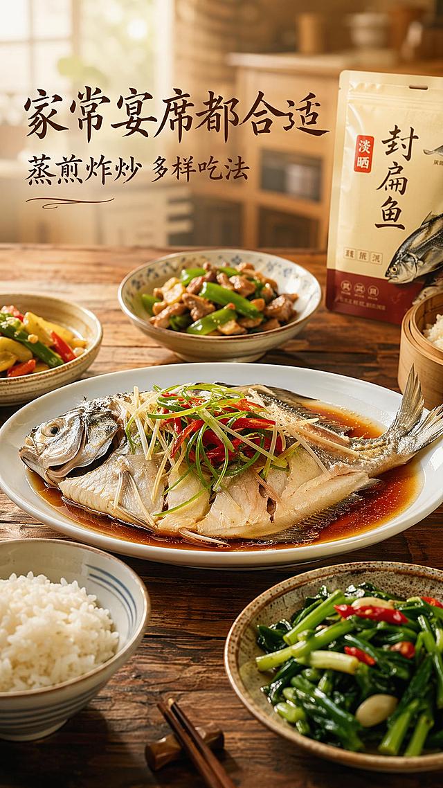 [第6屏] 食用场景展示屏-家常烹饪封扁鱼吃法展示。
[氛围/风格] 温馨家常风，烟火气十足，真实厨房场景，氛围感美食摄影。
[元素布局] 做好的清蒸封扁鱼端放在木质餐桌中央，周围搭配家常小菜和米饭，背景虚化的厨房环境，右上角点缀【图1】产品包装露出，整体场景自然日常，成品菜品占比约65%。
[光影质感] 自然窗边柔光，整体暖调光线，营造温馨食欲感，阴影柔和不突兀。
[配色色系] 全局底色 #F5F1E3；主色米棕餐桌，鱼肉米白；辅助色绿色配菜，暖黄背景。
[视角构图] 平视餐桌角度，场景自然，主体突出，阅读动线自然从上到下。
[文字版式] 左上角主标题「家常宴席都合适」，副标题「蒸煎炸炒 多样吃法」，统一温润书法字体，棕褐色字，排版不遮挡菜品主体。
[比例分辨率] 9:16 竖版比例，宽度1080px高度1920px，4K分辨率，文字清晰可辨，高清画质。
[负向提示词] 菜品变质发黑，场景脏乱，文字遮挡主体，文字错乱，水印