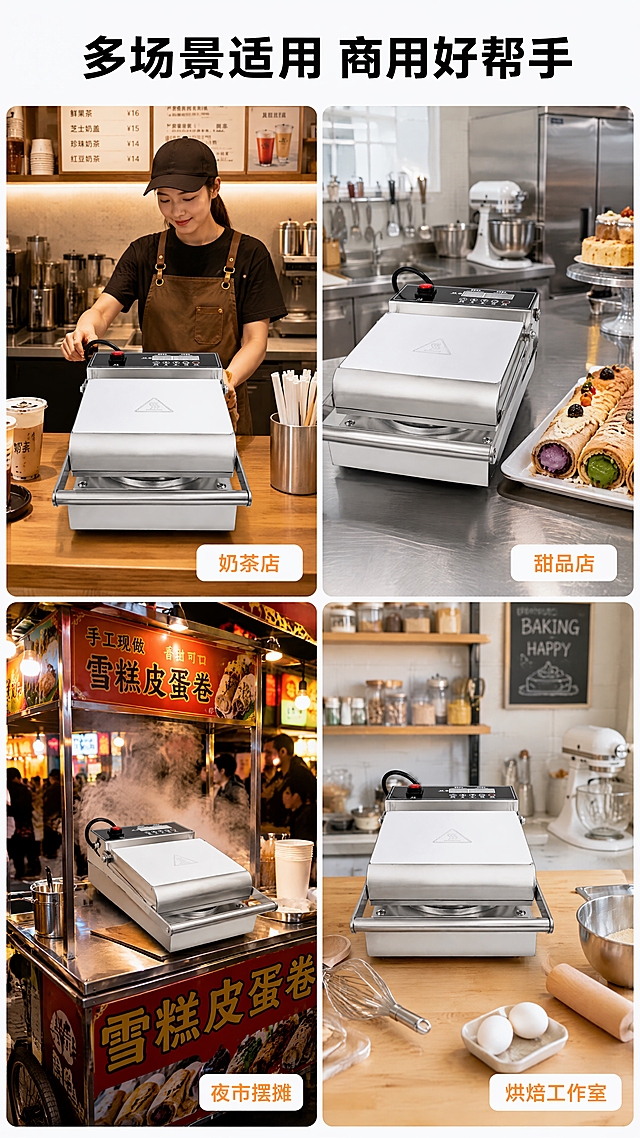 [第6张] 详情页使用场景-多商用场景拼图。本张使用【图1】作为产品主体，融入各场景中。
[氛围/风格] 真实商用场景拼图，生活气息浓，展示设备多场景适用性，商业摄影质感。
[元素布局] 画面分为4格场景拼图，2行2列：左上为奶茶店吧台场景，雪糕皮蛋卷机放在吧台上，店员操作；右上为甜品店后厨场景，设备放在操作台上，旁边摆放做好的雪糕皮甜品；左下为夜市摆摊小吃车场景，设备在小吃车上热气腾腾；右下为烘焙工作室场景，设备放在工作台上周围有烘焙工具。每格场景中产品外观、结构、颜色与输入图一致。
[光影质感] 每格场景有独立的真实光影：奶茶店暖光、后厨明亮白光、夜市暖黄灯光、工作室自然光。
[配色色系] 全局底色 #FAFBFC 极浅灰；每格场景自有色调，整体统一在暖色调系；文字深灰+橙色标签。
[视角构图] 2×2宫格拼图，每格独立场景，阅读动线从左上到右下。
[文字版式] 顶部主标题「多场景适用 商用好帮手」，粗黑体居中；每格场景右下角有场景标签：「奶茶店」「甜品店」「夜市摆摊」「烘焙工作室」；标签为圆角矩形白底，文字清晰。
[比例分辨率] 9:16 竖版比例，4K分辨率，文字清晰可辨，高清画质。
[负向提示词] 产品变形，缺件错件，结构错误，颜色偏差，水印，文字错乱，场景人物变形。