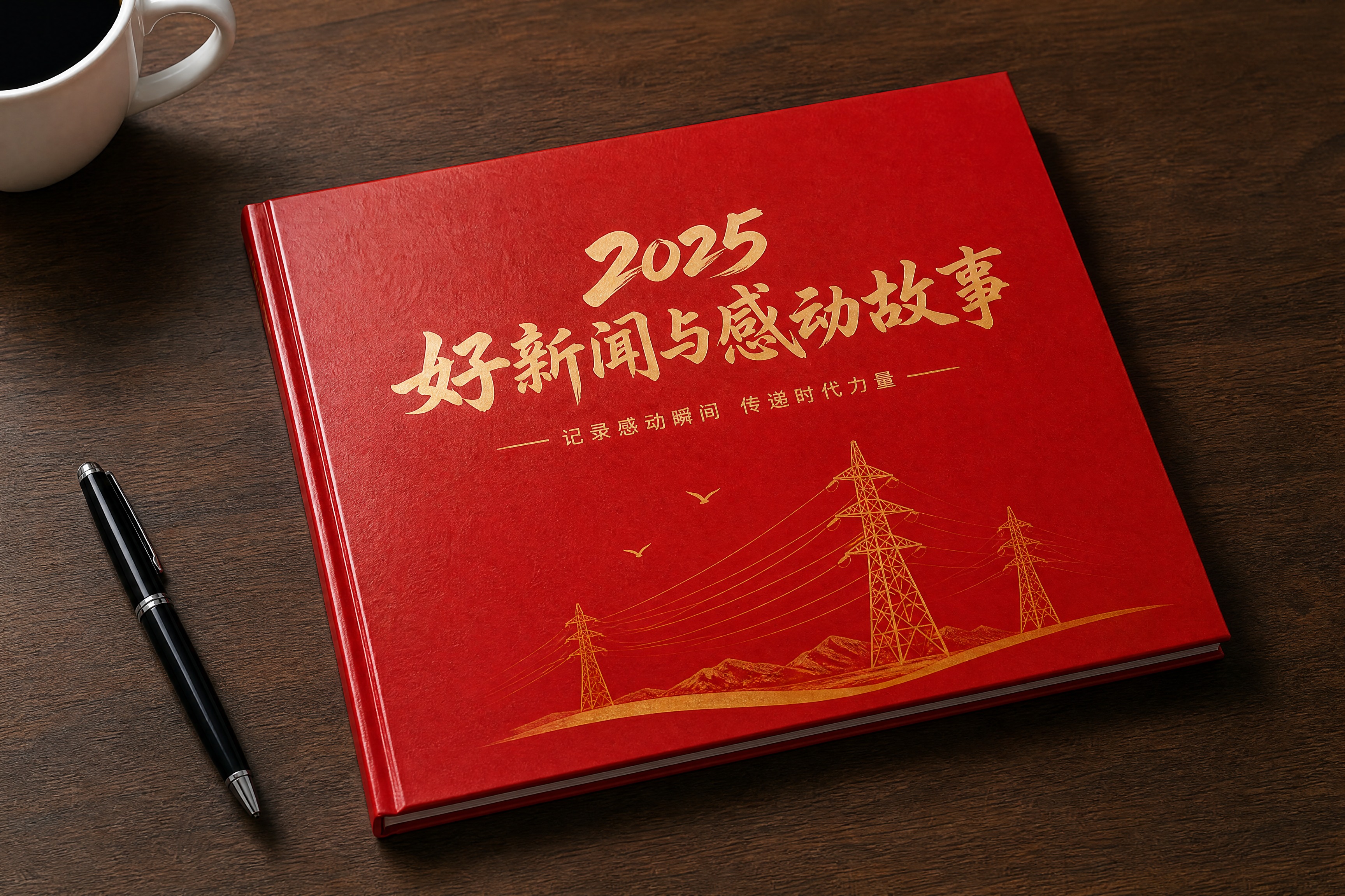 一本红色封面的精装画册平放在深棕色木质办公桌面上，画册封面为正… - 图片创意预览