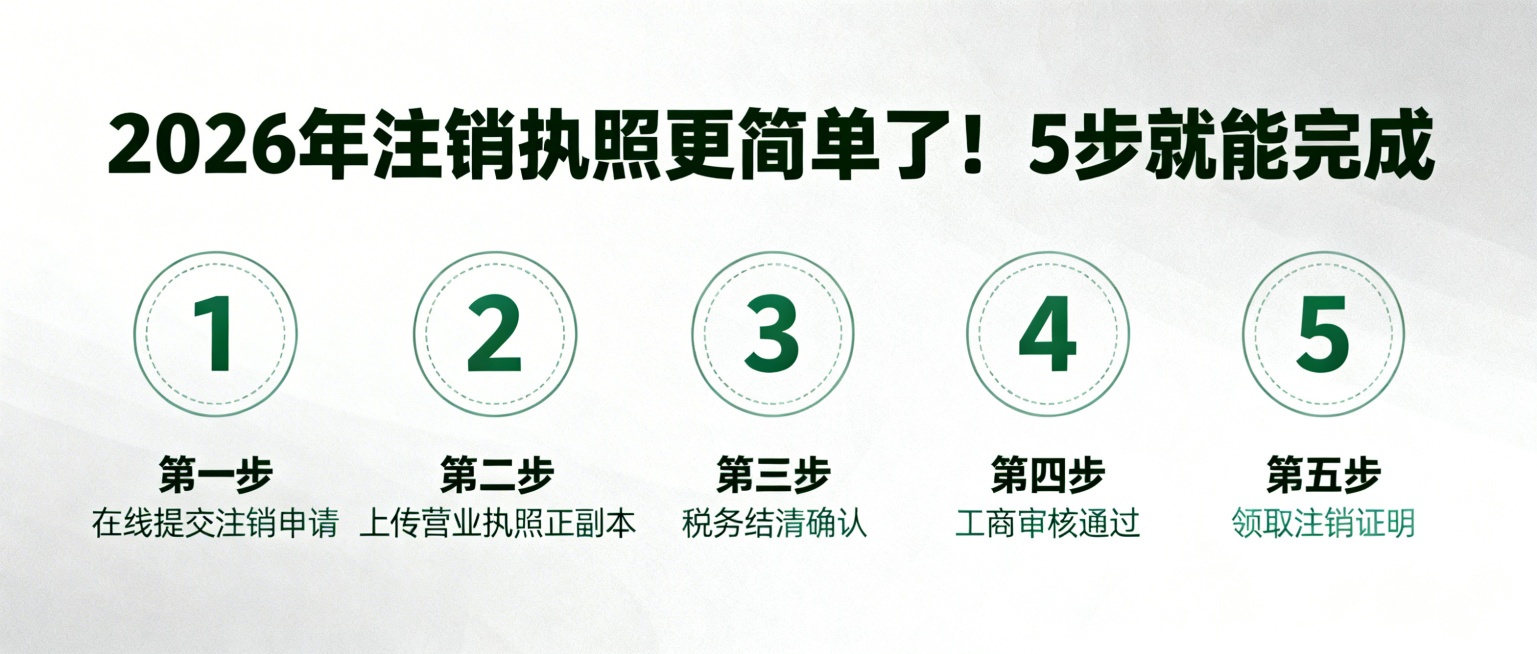 公众号封面，主题为2026年执照注销流程，绿色商务简约风格，带有清晰指引感设计元素，正式直观，标题文字："2026 年注销执照更简单了！5 步就能完成"预览效果