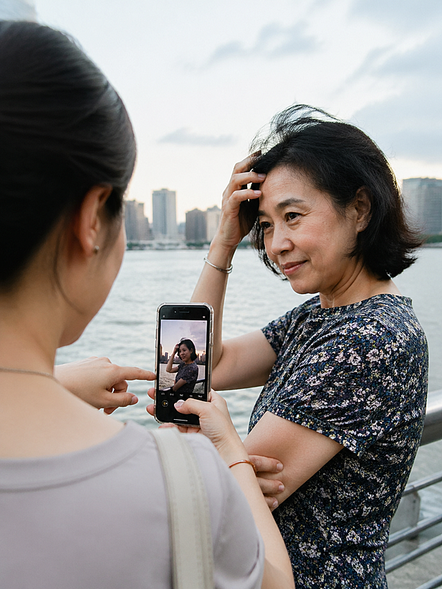 8K 超高清，电影感纪实抓拍，城市江景边，过肩视角构图，从年轻女儿的右肩后方拍摄，前景是女儿拿着智能手机的手和半侧肩膀（轻微虚化），焦点清晰落在妈妈的脸上和手机屏幕上。女儿身体微微前倾，一只手指着手机屏幕，嘴巴微张正在轻声指导姿势，另一只手自然搭在妈妈的胳膊上；妈妈侧对着镜头，身体微微转向女儿，眼神专注地看着手机屏幕，一只手还保持着刚才摆姿势的状态，另一只手轻轻捋着被风吹乱的头发，脸上带着认真又有点不好意思的温柔笑容，全程不看镜头，无任何摆拍手势。
