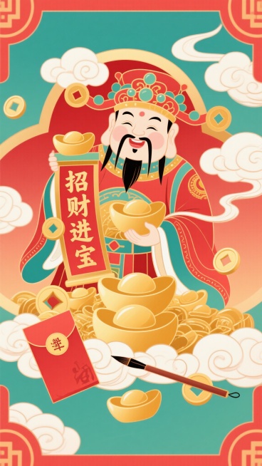 中式传统风格，红金配色，祥云环绕，财神像，金元宝堆积，红包，毛笔书法文字“招财进宝”，超清晰，细节丰富预览效果