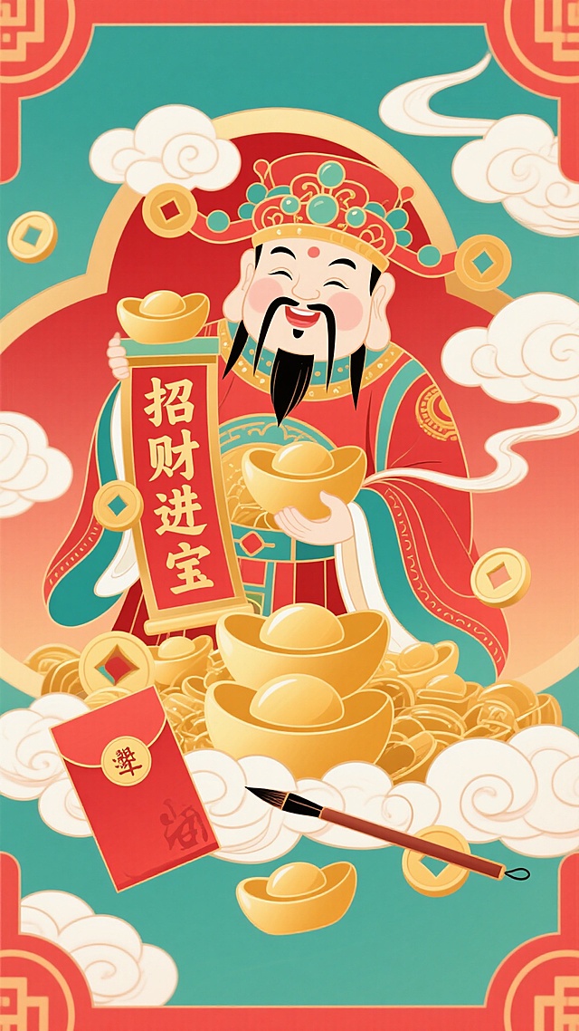 国潮风插画，卡通财神手持“招财进宝”卷轴，金元宝与红包环绕，轻拟物剪纸元素点缀，喜庆祥云衬托，春节氛围浓厚。#发财壁纸