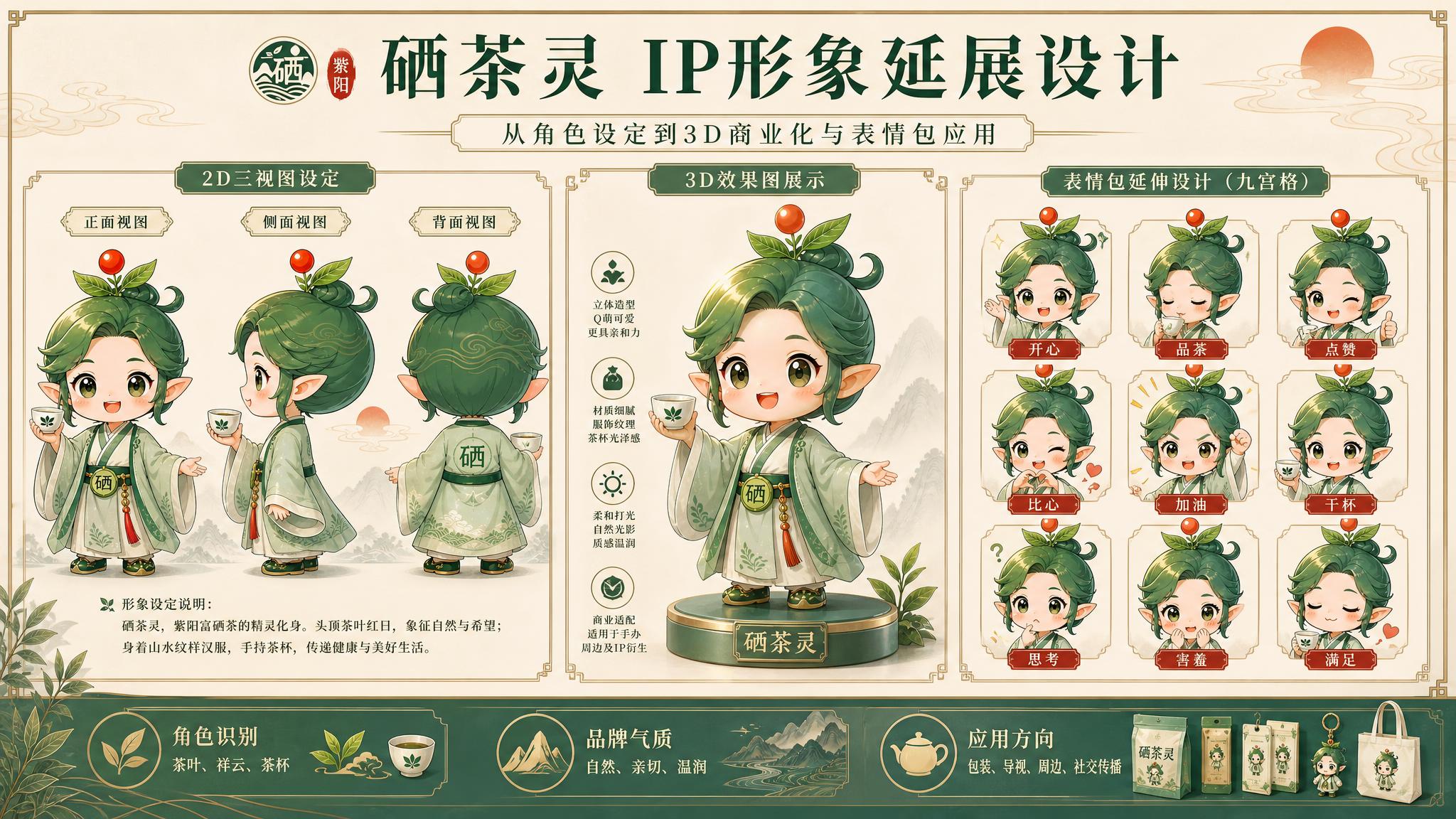 基于参考图中的硒茶灵IP形象，制作IP形象延展设计全景图，横版… - 图片创意预览