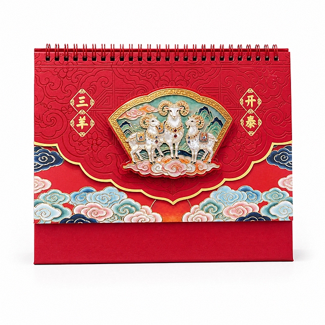 产品精修, 产品置于纯白背景上, 专业商业棚拍光, 5500K标准中性白光, 轮廓光, 体积光, 曝光正确, 强烈真实立体感, 提亮黑色/深色区域的结构层次, 拉开明暗过渡, 恢复部件边界、接缝、转折面和厚度关系, 避免一片死黑但保持原图深色属性, 接地处保留干净浅淡的自然接触阴影, 严禁大片投影、脏灰阴影和悬浮感, 主体居中, 商品完整入画不裁切, 商品外轮廓视觉体量约画面60%-80%, 四边均匀留白约10%-20%, 严禁满幅铺满与贴边顶满, 极致超清画质, 细节清晰锐利, 4K分辨率, 商业级实拍质感, 保留原图真实材质与结构细节, 明显提升商品表面洁净度, 清理灰尘、污渍、指纹、油污、胶痕和霉点, 让表面从脏旧发闷变为干净可售卖状态, 修复划痕、磨损、掉漆、飞边毛刺和使用旧痕, 翻新为干净商业新品感, 基于原图材质恢复纹理、颗粒、折射、高光、柔韧折痕、透明边线或工艺细节, 避免糊成塑料感, 锁定原图商品颜色, 颜色以输入图为唯一参考, 分段部件颜色边界按原图锁定, 还原真实物理色彩, 消除灰暗感和偏色, 锁定原图商品轮廓、件数、部件位置、连接关系、标签文字和可见功能细节, 只做精修不重绘结构, 台历红色压纹封面纸张: 哑光/半哑光纸质质感, 柔和漫反射, 低高光, 立体三羊开泰珐琅彩贴片区域: 光面金属质感按原图锁定, 高光边线清晰, 反射干净但不过度镜面化, 红色线圈装订: 塑料·亮面/光面质感, 高光明确, 曲面反光顺滑, 正视图, 标准透视校正, 正常透视焦段, 保持同类机位, 比例1:1