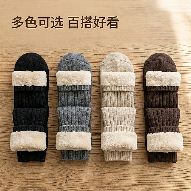 [主图 3] 多色款式集合展示
[主图主题] 多色可选雪地袜集合展示
[氛围/风格] 温暖整洁陈列，温馨舒适感
[画面元素] 黑色、灰色、燕麦色、深棕色四款加绒雪地袜整齐竖直排列在浅棕色木质背景上，间距均匀，袜口绒毛自然展示，光线温暖柔和，清晰呈现不同颜色，背景全屏无边框。
[配色色系] 大地色系多色搭配浅棕木底，温暖协调
[视角构图] 俯视平铺排列，规整满而不乱
[文字版式] 左上角文案“多色可选 百搭好看”，字体无衬线深棕色，悬浮左上角留白，仅标注款式，不遮挡主体。
[分辨率] 2k分辨率