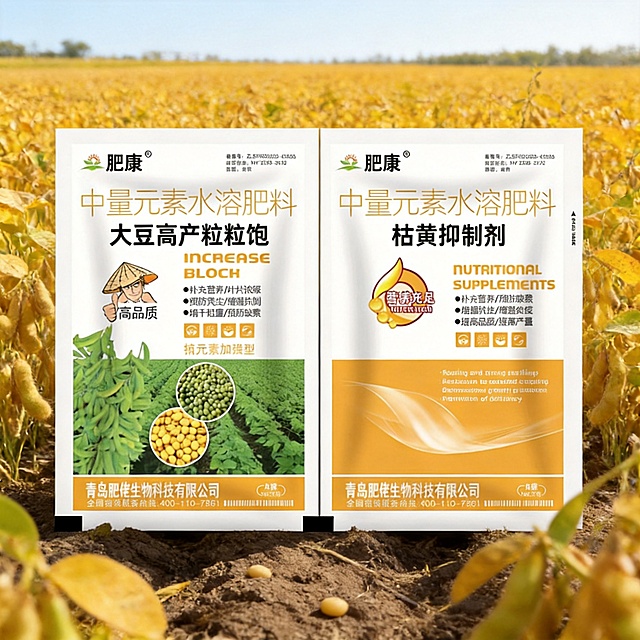 拼多多农资商品主图，展示肥康大豆高产粒粒饱+枯黄抑制剂套装产品，突出产品包装，背景为丰收的大豆田，清晰突出产品名称和增产抗枯黄核心卖点，1:1比例，农资电商风格