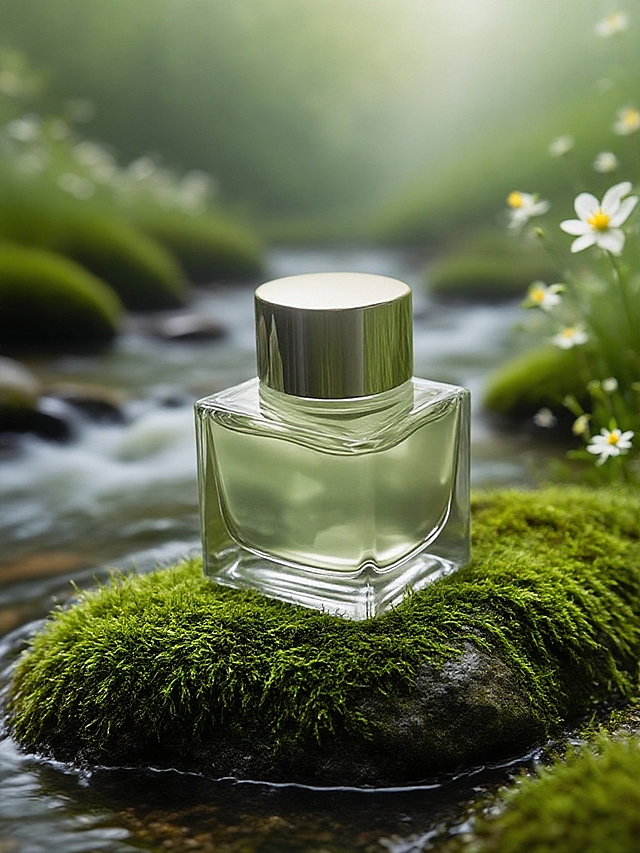 特写主体放置在长有苔藓的石头上，背景是朦胧的绿色调，点缀白色小花和溪水。