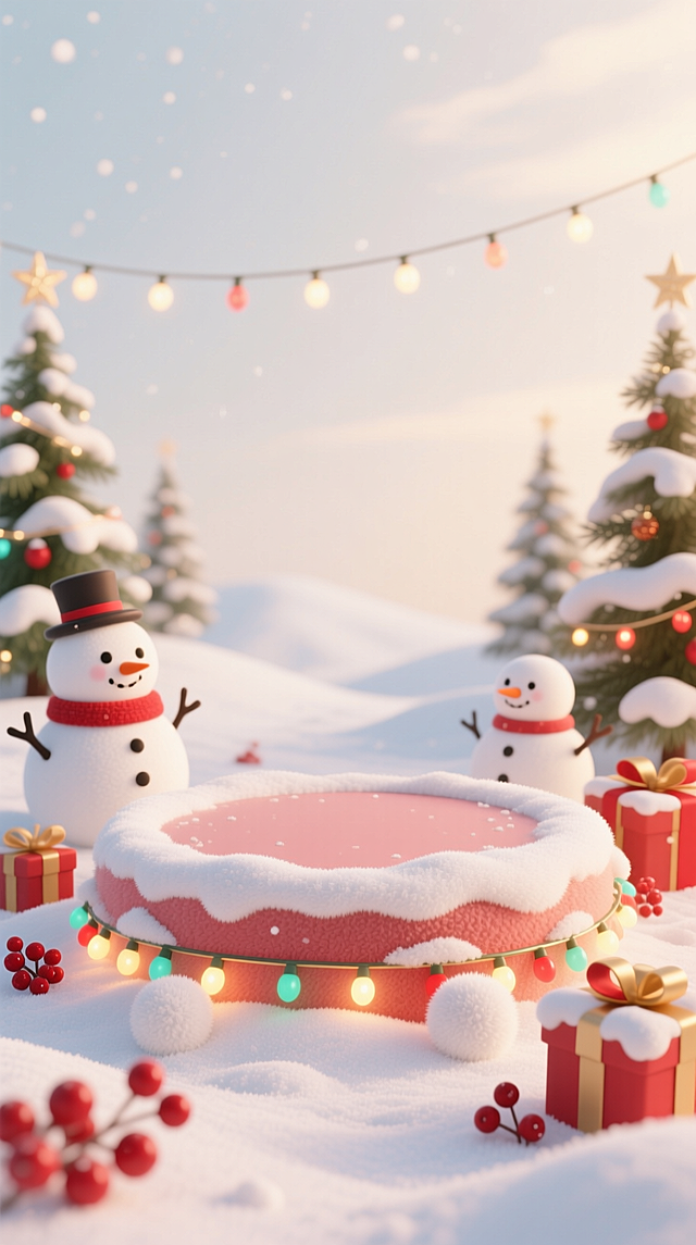3D 卡通风格，软乎乎的圆形毛绒展台放在雪堆上，台面积雪沾着毛绒球。周围绕着圣诞彩灯、圆胖雪人、裹雪的礼物盒，点缀红色浆果，背景是暖白天空与矮松，配色奶白 + 浅红，温馨软萌。