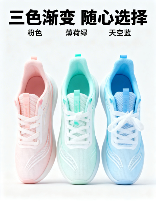 [商品详情图 4] 多色可选展示
[氛围风格] 清新陈列展示风
[画面元素] 商业摄影质感，光线均匀明亮，画面干净。粉色、薄荷绿、天空蓝三款运动鞋整齐垂直排列，保留每款原渐变色彩和鞋型设计，背景纯色干预览效果