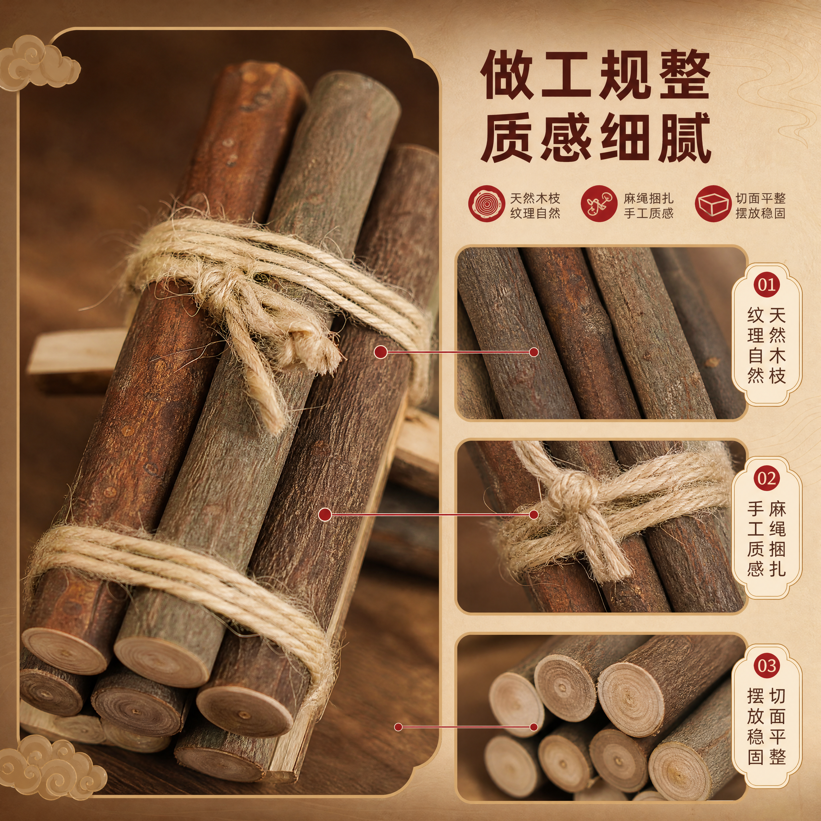[商品] 使用【图3】喜庆小捆柴摆件局部细节；保留木质纹理、麻… - 图片创意预览