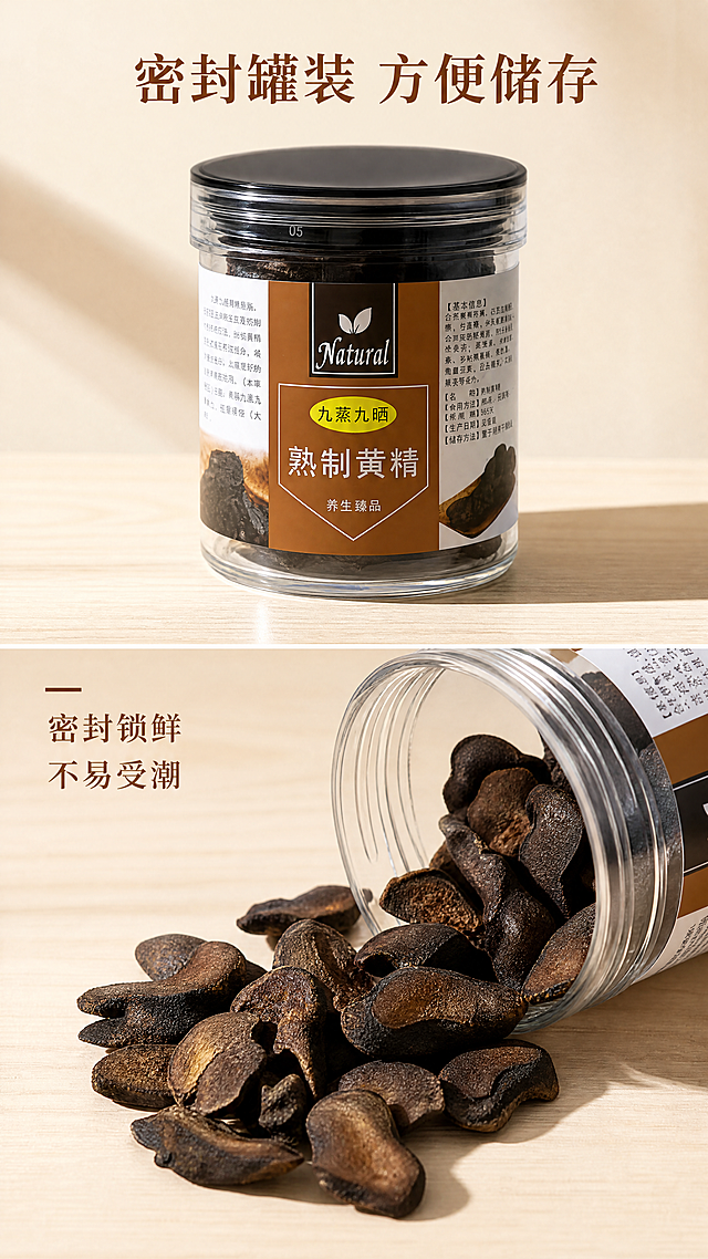 [第7屏] 产品包装细节展示，密封罐装品质展示。
[氛围/风格] 写实细节风，干净清晰，突出包装密封性和方便存储。
[元素布局] 本屏使用【图1】作为产品主体，45度斜侧视角展示玻璃罐整体，上方放主标题，下方放开盖倒出黄精切片的局部特写，主产品占上半屏，特写占下半屏，主次分明。保持包装罐体、标签文字和输入图一致，突出透明玻璃和密封盖设计。
[光影质感] 侧光突出玻璃质感和立体感，整体明暗清晰，盖子和罐体结构清楚，细节自然真实。
[配色色系] 全局底色：#F5F0E6（浅原木米）；主体配色：#8B5A2B（深棕）+#333333（深灰文字），延续统一配色方案。
[视角构图] 上下分屏，上整体下细节，信息层次清晰，主体突出。
[文字版式] 标题字形采用温润宋体路线，字色仅使用深棕和米白两种，字效为纯色填充，全套沿用该设定。顶部主标题「密封罐装 方便储存」，深棕色居中，字号为画面宽度5%-7%；下方特写区域配小字说明「密封锁鲜 不易受潮」，深棕色，字号适中。文字不遮挡主体产品和细节特写。
[比例分辨率] 9:16竖版比例，4K分辨率，文字清晰可辨，超高清。
[负向提示词] 包装变形，标签文字错乱，结构错误，颜色偏差，水印，背景杂乱