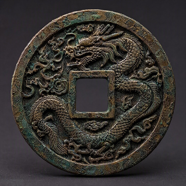 一枚极有质感的青铜古铜钱，正面有一条立体阳刻的龙，龙纹精细繁复，鳞片清晰可见，龙身盘绕遒劲有力，青铜材质带有岁月斑驳的铜绿锈迹和包浆，古钱币边缘有磨损痕迹，内有方孔，整体呈现古朴厚重的历史感，微距特写，柔和侧光突出立体感，博物馆级别的文物摄影质感，深灰色背景