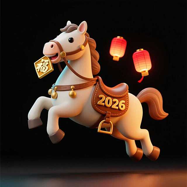 主体是一只小马，昂首腾空跃起，棕色鞍具上写着2026字样，马旁边漂浮着2个红色灯笼、嘴里含着金福字，纯黑色背景