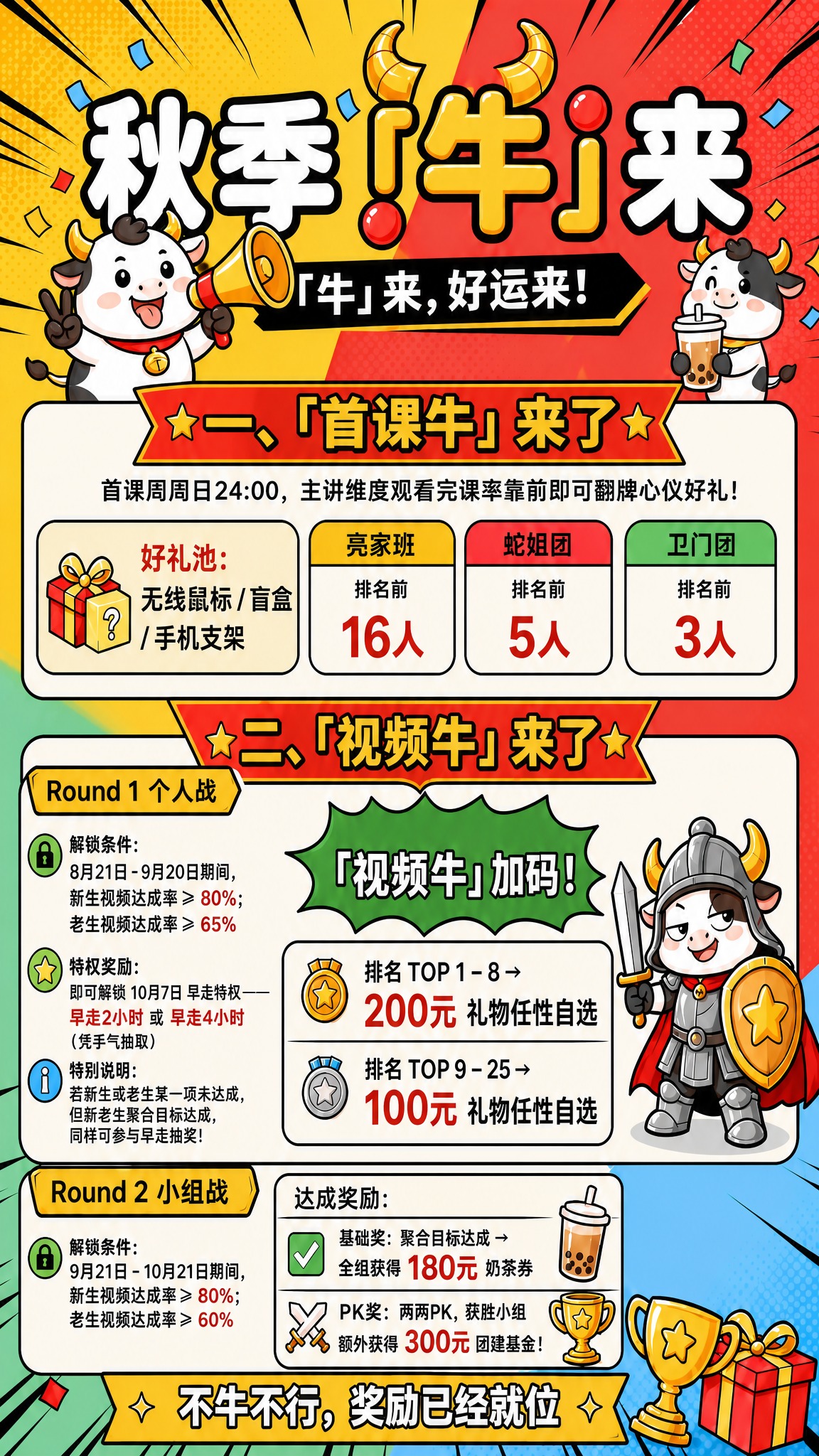 基于这张海报进行修改：1. 将「一、「首课牛」来了」这个标题放… - 图片创意预览