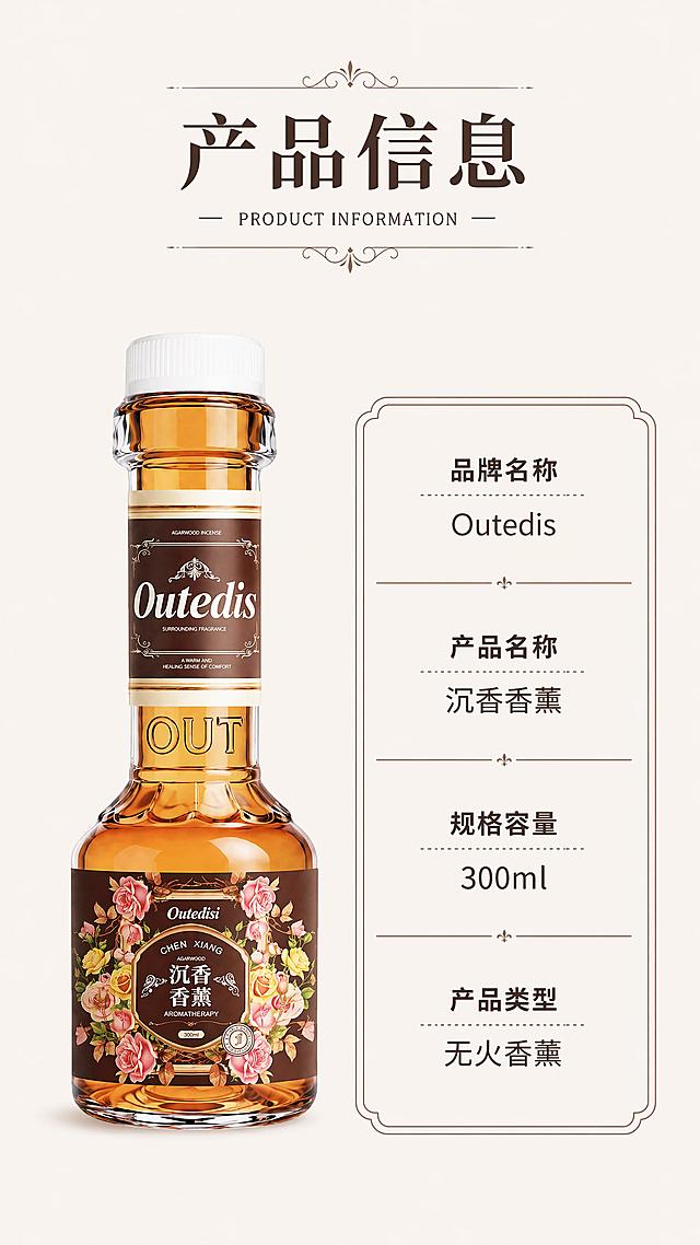 [第8屏] 产品规格信息屏，展示香薰产品详细参数。本屏使用【图1】作为商品主体。
[氛围/风格] 专业信息卡风格，简洁清晰，品牌质感。
[元素布局] 左产品右参数排版，左侧放置香薰产品标准照，保留外观颜色结构与原图完全一致；右侧竖排参数信息表，浅底深文清晰可读；顶部放置大标题，整体留白适度不拥挤。
[光影质感] 整体光线均匀，产品和文字都清晰可辨，没有过暗过亮区域。
[配色色系] 全局底色 #F6F1EB；主色浅米底色，辅助色深棕色文字和边框。
[视角构图] 左物右表分栏构图，符合信息阅读习惯，稳定平衡。
[文字版式] 顶部主标题「产品信息」，右侧参数表清晰列出：品牌名称 Outedis、产品名称 沉香香薰、规格容量 300ml、产品类型 无火香薰；文字分行排版，行间距适中，清晰可读。
[比例分辨率] 9:16 竖版比例，4K 分辨率，文字清晰可辨。
[负向提示词] 产品变形，参数错位，文字模糊，颜色偏差
