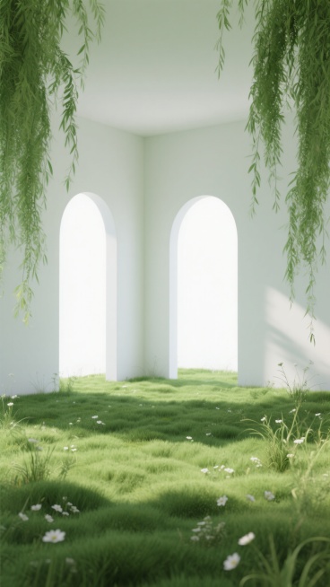 3D渲染风格的绿色场景，极简主义室内空间，白色墙壁与两个并排的拱形门洞，明亮的自然光从门洞洒入形成清晰阴影，地面覆盖着茂密柔软的绿色草坪，点缀着零星白色小花和杂草，左右两侧垂挂着茂盛的绿色垂柳枝条，整体色调以清新的绿色和纯净的白色为主，光影对比柔和，营造出宁静、自然、通透的氛围，高质感3D渲染，细节丰富的草地纹理，垂柳的飘逸感，极简设计的空间布局。预览效果