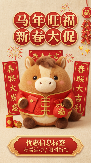 主题：马年春节促销海报  
内容：一只Q版拟人毛绒小马公仔，棕褐色毛绒质感，手持红包和福袋，穿红色小唐装，周围有红色刺绣春联、金色鞭炮和烟花装饰，背景为温暖米色布纹或软光效果  
风格：Q版可爱毛绒公预览效果