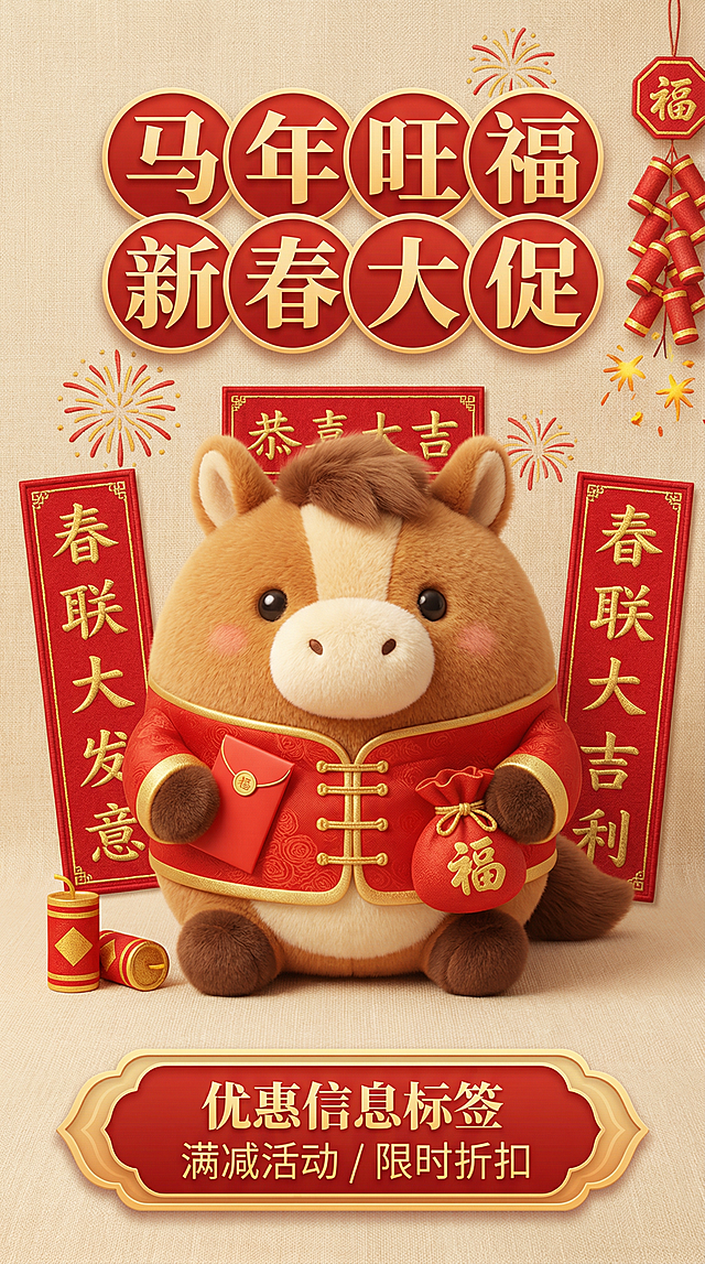 软3D风萌马穿唐装，国潮元素搭配毛发生长质感，喜庆红金配色，春节促销氛围浓厚，浮雕式春联与烟花点缀，传递新春大促喜悦。