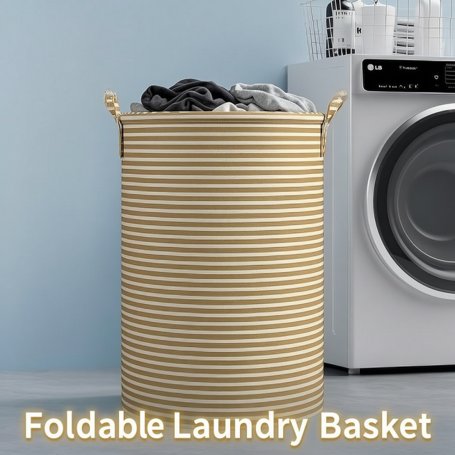 The image shows a fabric foldable gold striped storage laundry basket with handles placed next to a预览效果