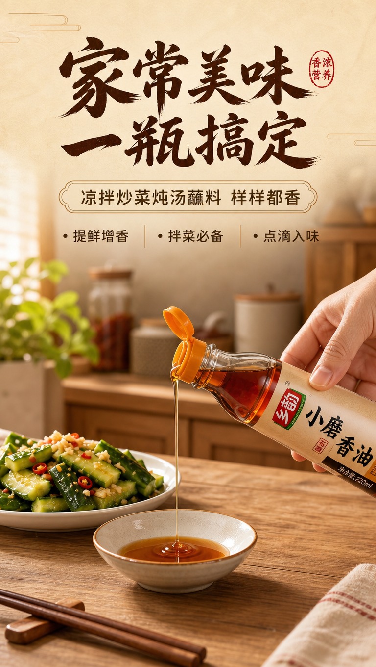 [商品] 使用【图1】乡韵小磨香油单瓶倒香油场景；保留透明玻璃… - 图片创意预览