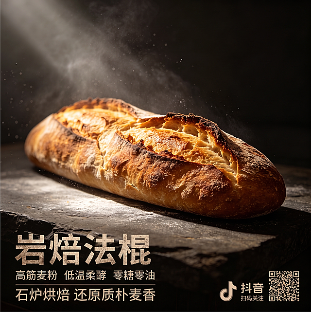 产品名称：岩焙法棍，核心卖点选用高筋麦粉，遵循传统长时间低温发酵，不添加糖油。石炉高温烘烤，在面包表面烙出自然深浅不一的焦燧纹路。外壳薄脆，内部气孔蓬松通透，咀嚼时释放醇厚原生麦香，还原法式面包质朴本味。售卖平台抖音