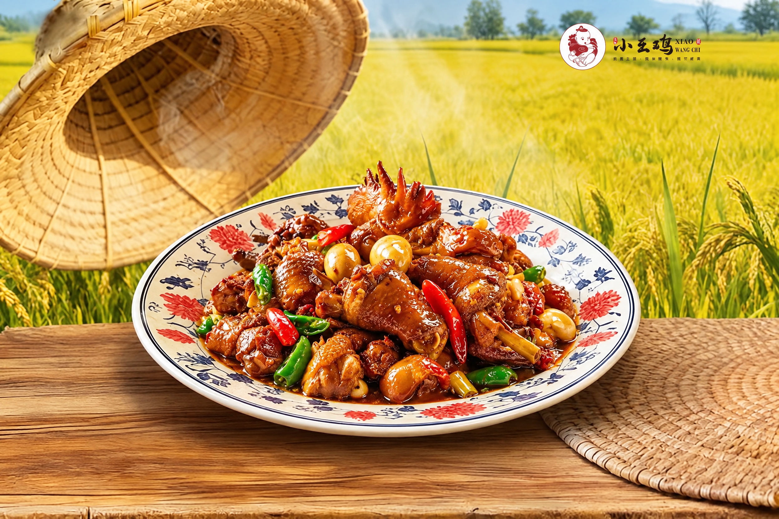 将图中盘子里的菜品替换为第二张图中的红烧鸡块（带鸡冠、青红辣椒… - 图片创意预览