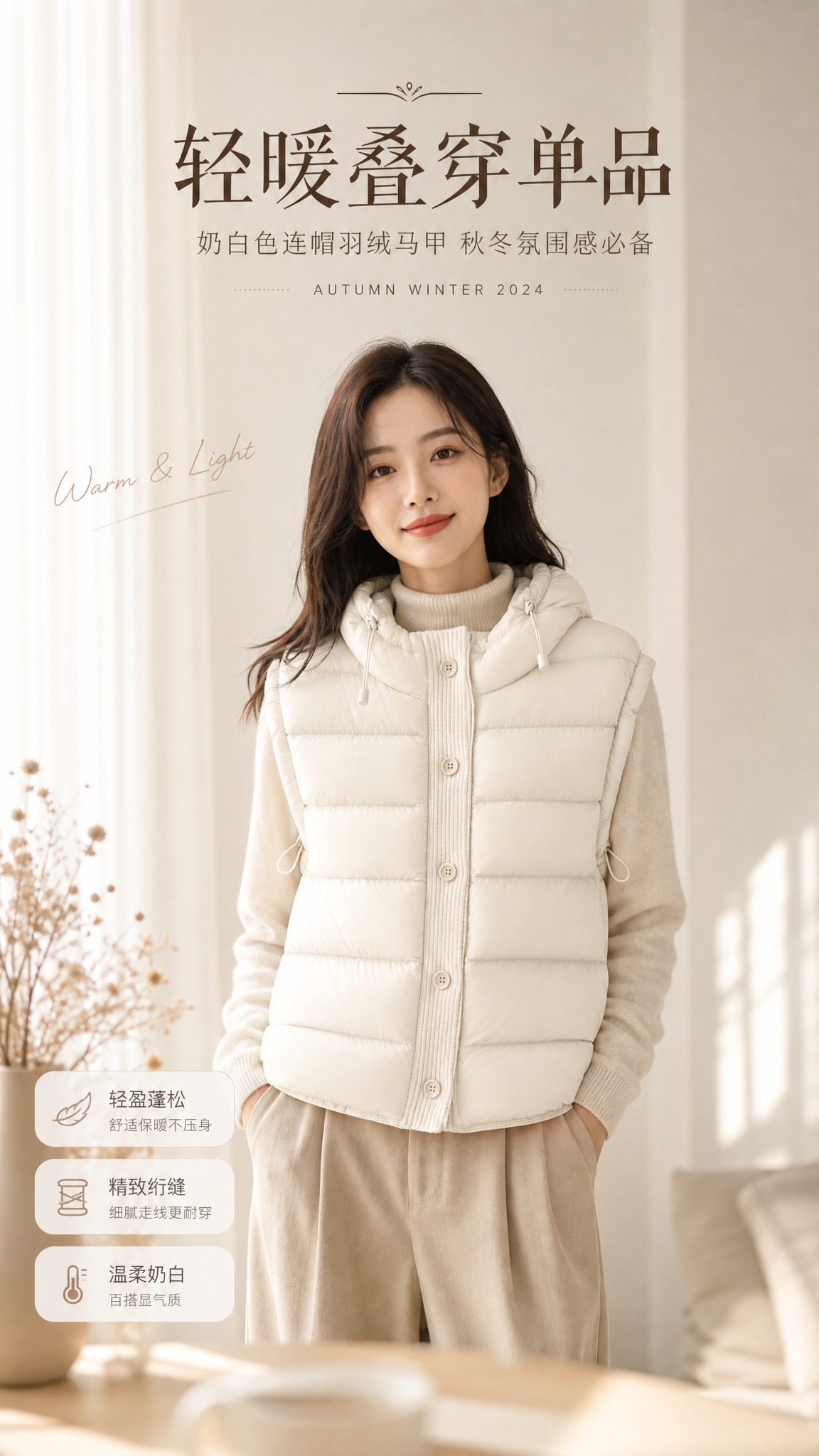 [商品] 使用【图1】奶白色连帽羽绒马甲；商品处理：保留连帽抽… - 图片创意预览