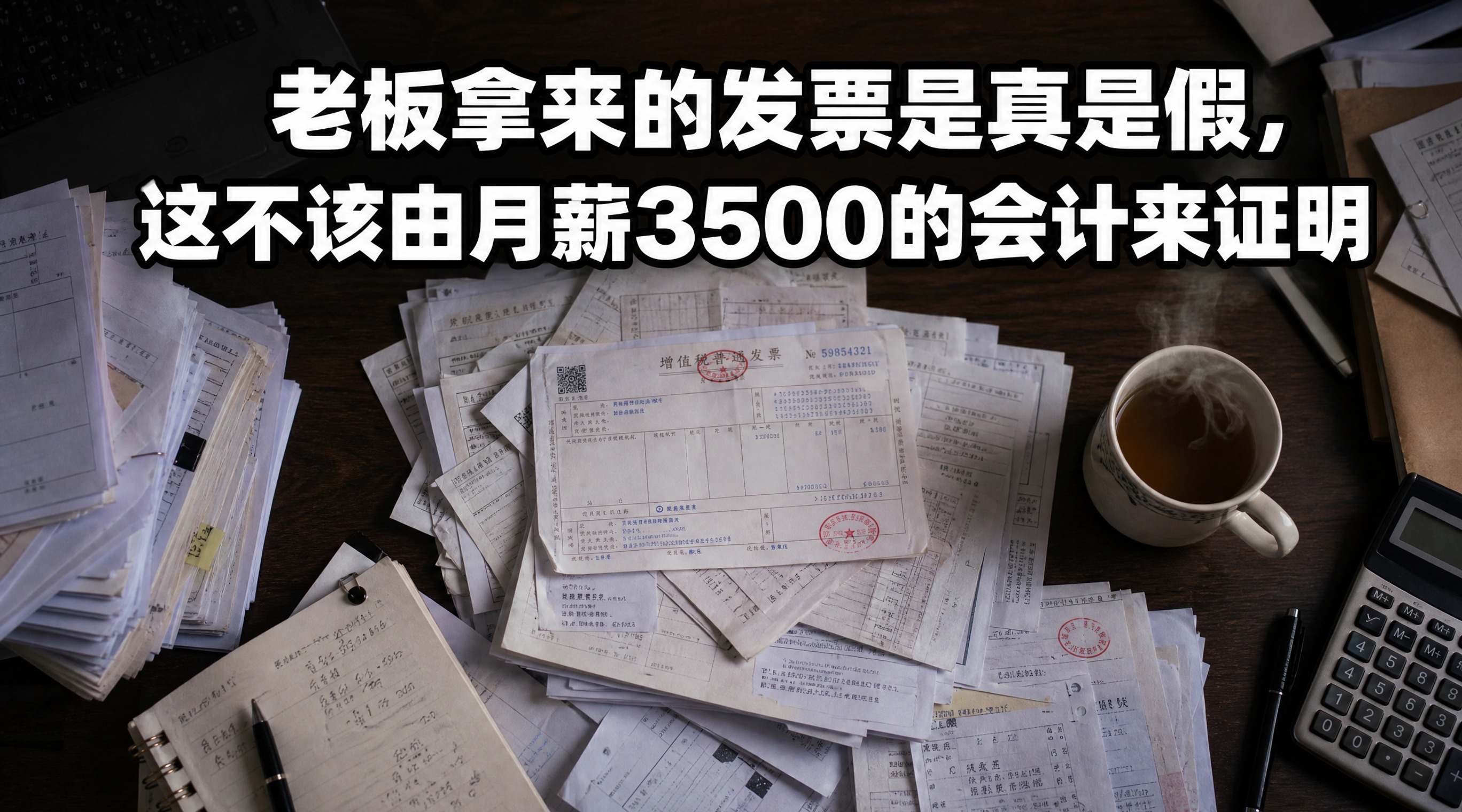 公众号封面图，俯视视角的办公桌场景，桌面上散落堆叠着一堆发票和… - 图片创意预览