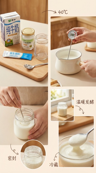 **一个完整步骤流程图，采用分镜或拼贴形式，展示自制益生菌酸奶全过程。明亮、干净、温馨的家居美食摄影风格。****1. 左上角（食材准备）：** 特写木质砧板上摆着：一盒纯牛奶（包装可见“纯牛奶”预览效果