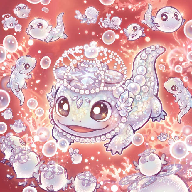 按照参考图中山雀、水母、猫咪的画风设计一只可爱的蜥蜴，珍珠水晶装饰风格，大量泡泡装饰，背景偏红色，整体亮晶晶闪粉质感，中心主图搭配周围小蜥蜴装饰，Q版卡通萌系画风，珍珠高光点缀预览效果