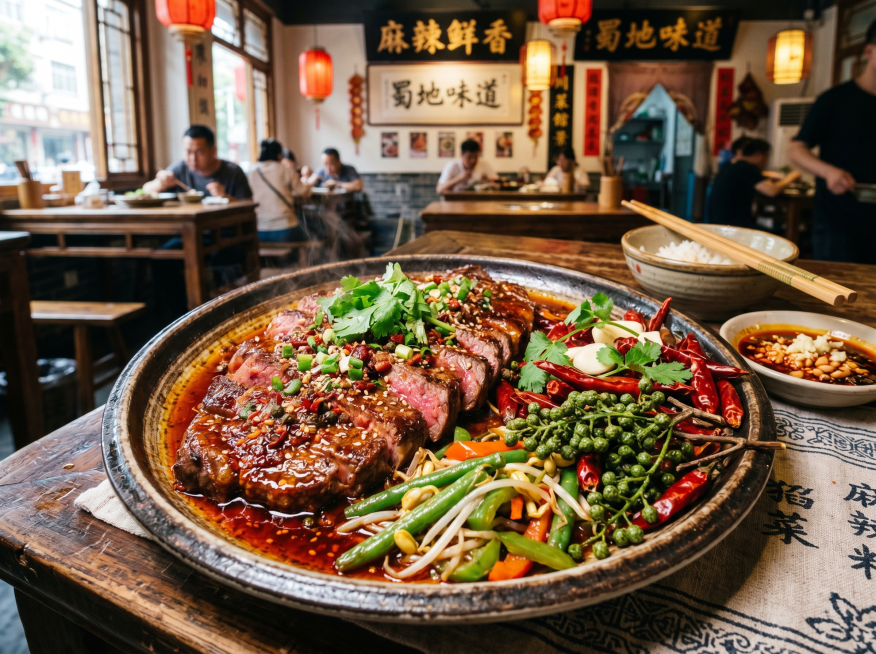 生成一盘麻辣川式牛排，酱汁为红油，点缀一些辣椒和青花椒，背景为川式风格预览效果