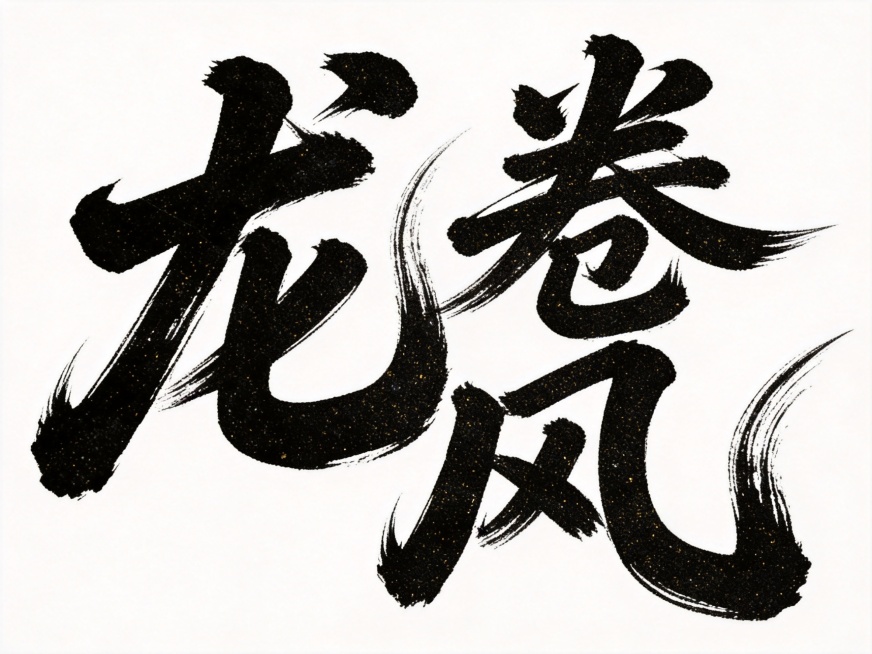 干净的纯白色背景。平面艺术字体设计，三个字"龙卷风"，手写狂草书法字体，粗毛笔蘸浓墨挥毫书写，笔画极粗重，粗细对比强烈，末端锐利舒展带自然飞白枯笔，大弧度曲线结构，字间紧密穿插融合，整体姿态狂野有力，预览效果