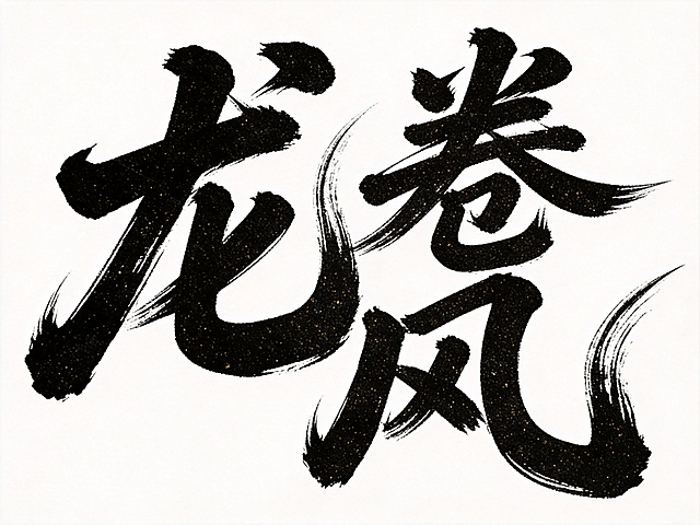 干净的纯白色背景。平面艺术字体设计，三个字"龙卷风"，手写狂草书法字体，粗毛笔蘸浓墨挥毫书写，笔画极粗重，粗细对比强烈，末端锐利舒展带自然飞白枯笔，大弧度曲线结构，字间紧密穿插融合，整体姿态狂野有力，黑色字体带金闪细闪质感。画面中只能出现这3个字："龙"、"卷"、"风"，不得出现参考图中的原文字，不得增加、遗漏或替换任何一个字。文字整体必须完整呈现在画面内不可被裁切，四周留有安全边距。比例 4:3