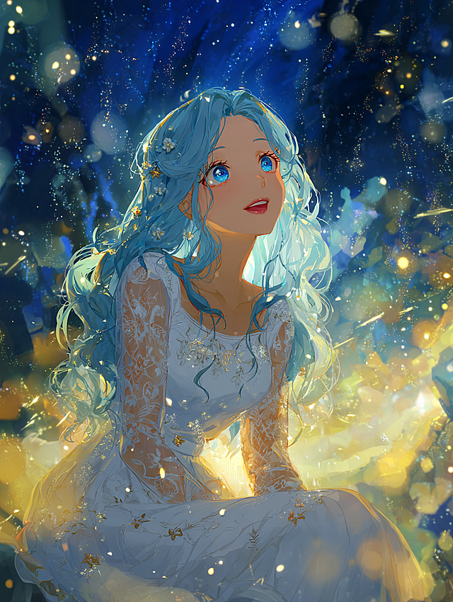glowing particles, soft glow, ethereal aura, fairy tale aesthetic，a beautiful anime girl with long wavy sky blue hair and bright blue eyes, wearing a delicate white lace bralette dress with floral embroidery, sitting under a magical starry night sky filled with glowing clouds and sparkling stars, soft golden light illuminating her face and shoulders, gentle expression with slight smile looking upward in wonder, surrounded by floating stardust particles, dreamy ethereal atmosphere, ultra detailed digital painting style, Japanese fantasy art, cinematic lighting, high resolution, sharp focus on face and upper body, soft skin texture, glossy wet hair strands, romantic celestial mood, color palette of deep blue, silver, gold and pearl white, masterpiece best quality，--v 6 --ar 3:4 --q 2 --stylize 750