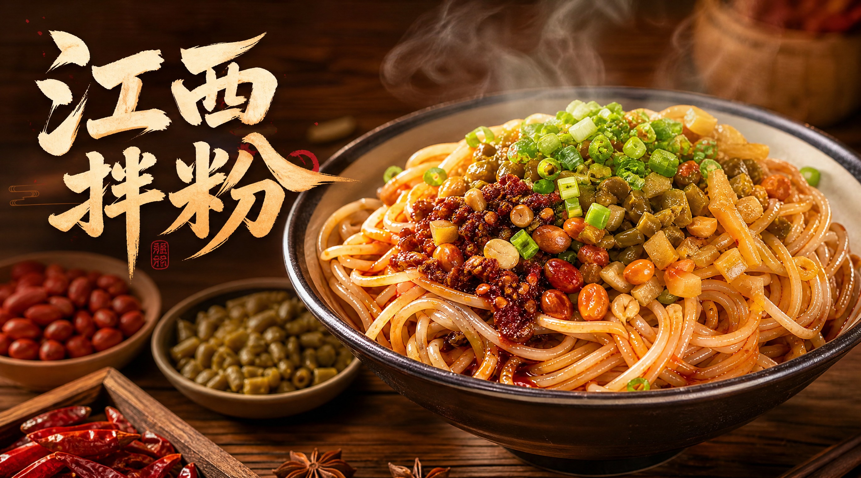 江西拌粉店铺店招设计，写实风格，画面中央是一碗热气腾腾的江西拌… - 图片创意预览