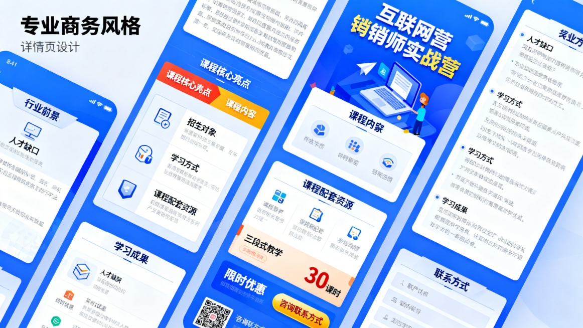 互联网营销师实战营详情页，页面布局清晰美观，包含行业前景、课程核心亮点、课程内容、招生对象、学习方式、课程配套资源、学习成果、联系方式等板块，风格专业商务，色调以蓝色为主，搭配简洁的图标和规整的文字排预览效果