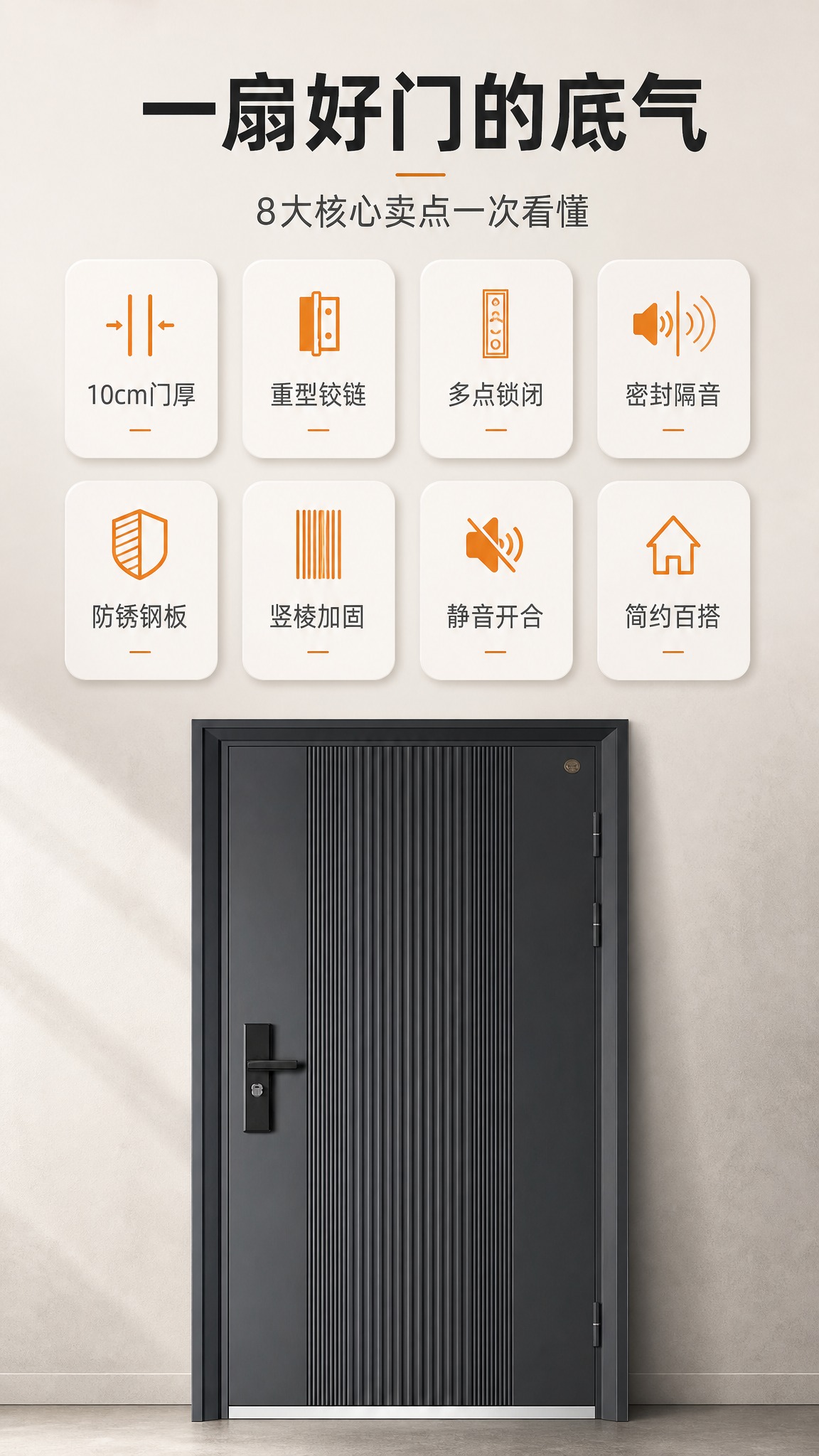 [商品] 使用【图1】深灰哑光防盗门正面图作为底部主视觉；保留… - 图片创意预览