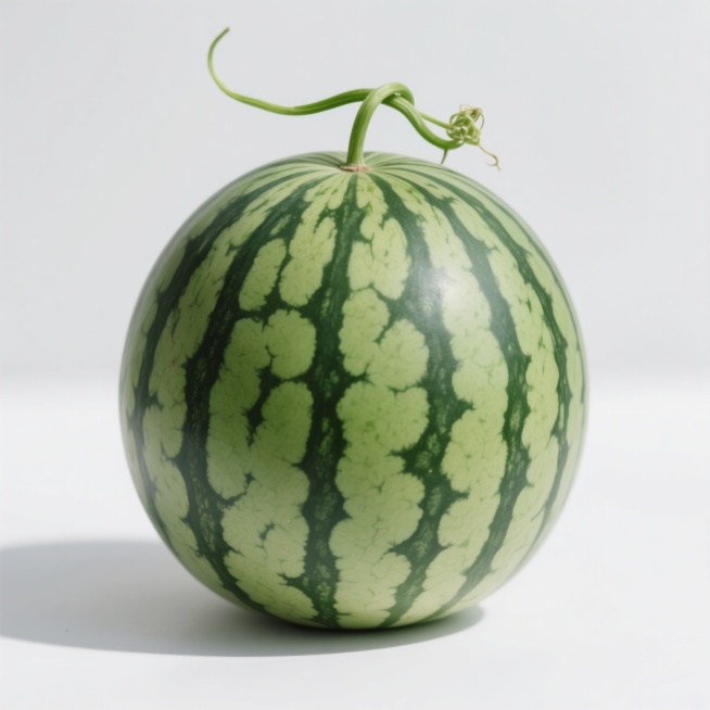 一个新鲜饱满的西瓜，表皮是深绿色和浅绿色相间的条纹，顶部带有绿色的藤蔓，放在白色的背景上，光线明亮，色彩鲜艳，细节清晰预览效果