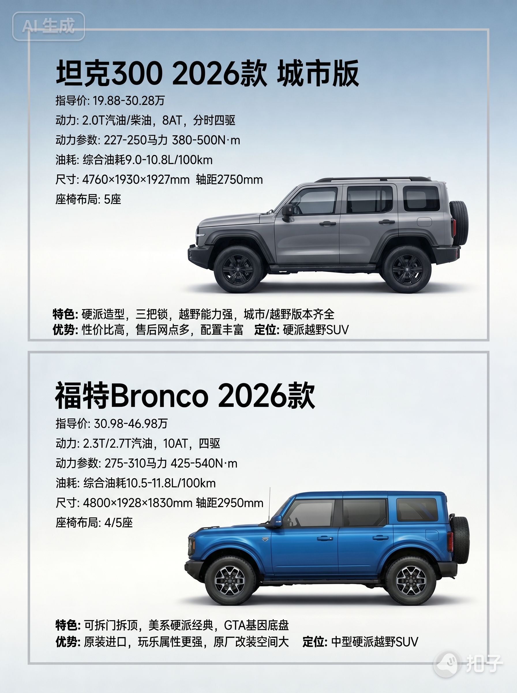1:1复刻参考图版式，生成坦克300 2026款和福特Bron… - 图片创意预览