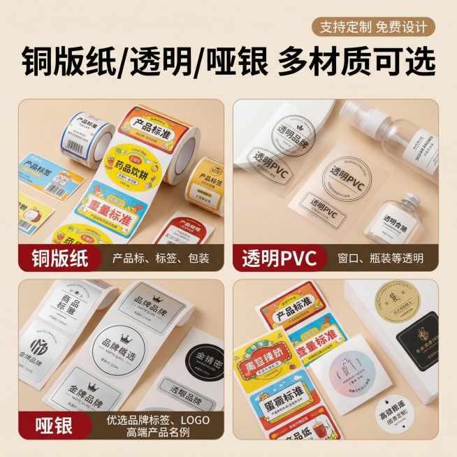 [主图主题] 多材质可选不干胶定制主图
[氛围/风格] 电商商业风格，干净明亮，专业清晰
[画面元素] 沿用参考图宫格拼图版式，顶部通栏大标题，下方展示铜版纸、透明PVC、哑银三种不同材质不干胶实物效预览效果