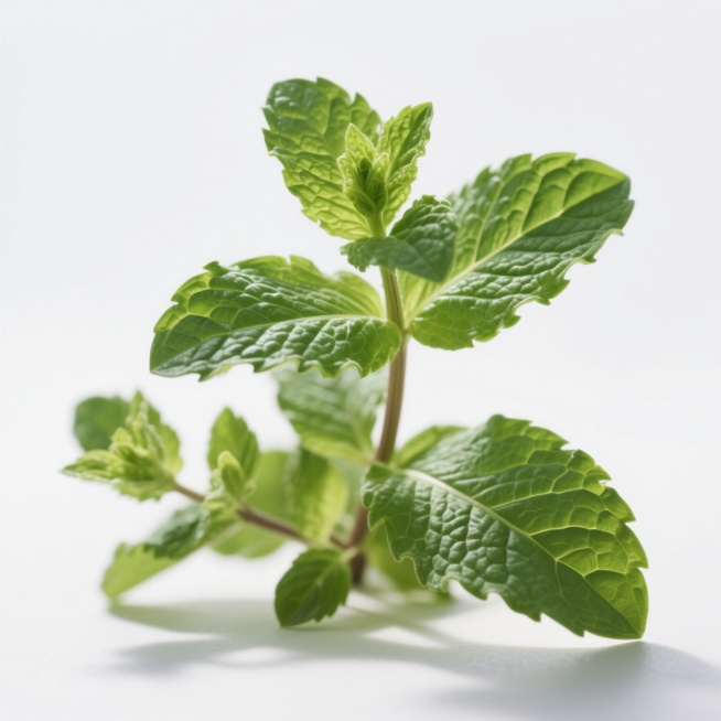 一张高分辨率彩色摄影作品，画面主体是一簇新鲜的绿色薄荷叶，叶片呈现出丰富的绿色渐变，从深绿到嫩绿再到叶尖的亮绿色，叶脉清晰可见，叶面布满细密的凹凸纹理，质感逼真。薄荷叶自然舒展，几片较大的叶子位于下方形成基底，较小的叶片和嫩芽从中心向上生长，整体呈现出饱满的放射状形态。光线从斜上方照射，叶片边缘和凸起处有明亮的高光，凹陷处形成柔和的阴影，立体感强，阴影自然地投射在纯白色背景上，背景干净无瑕，没……预览效果