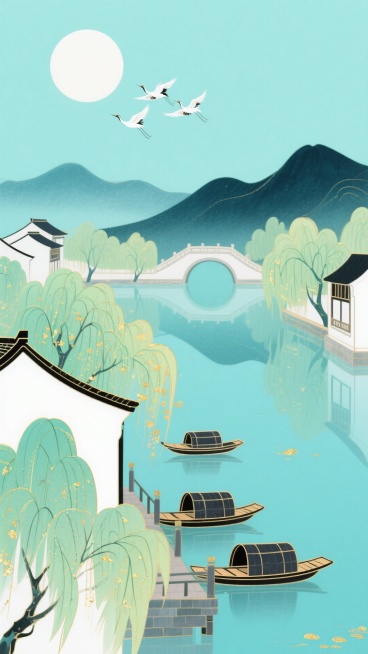 一幅工笔青绿山水画，描绘江南春色。前景是掩映在翠绿垂柳中的白墙黛瓦，几艘乌篷船停泊在码头。中景是如镜的湖面与曲折的回廊，远处是黛色山峦，画面左上角有一轮 淡白色圆月，天空有一行白鹭飞过。整体以石青为主预览效果